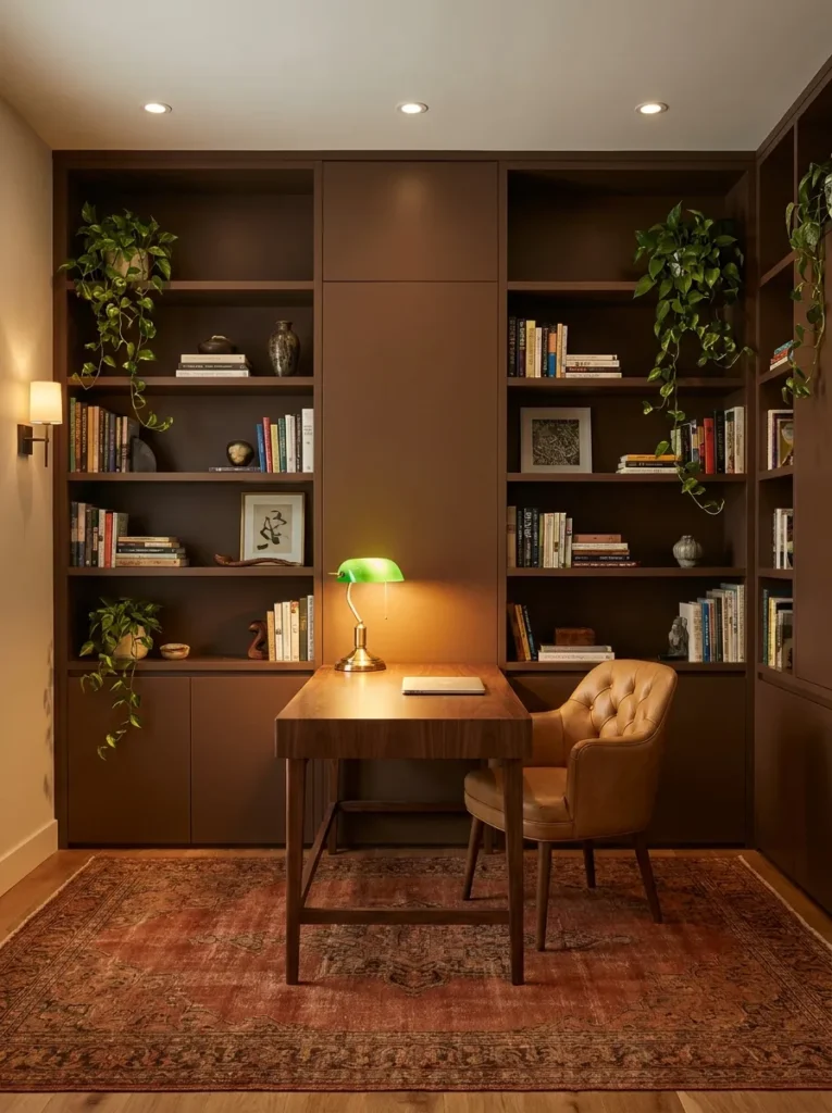 Chocolate brown library office with floor-to-ceiling bookshelves and a brass banker's lamp