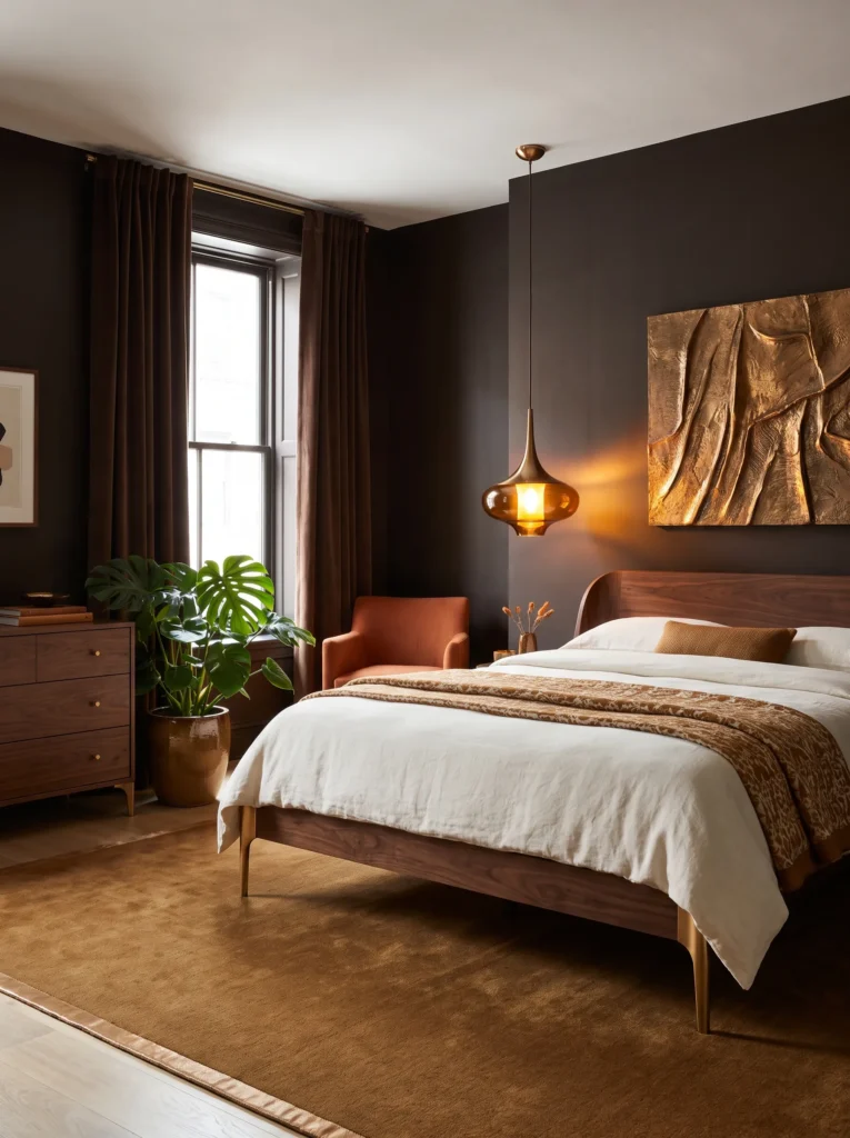 Chocolate-brown bedroom with walnut bed, bronze pendant, relief sculpture, and philodendron