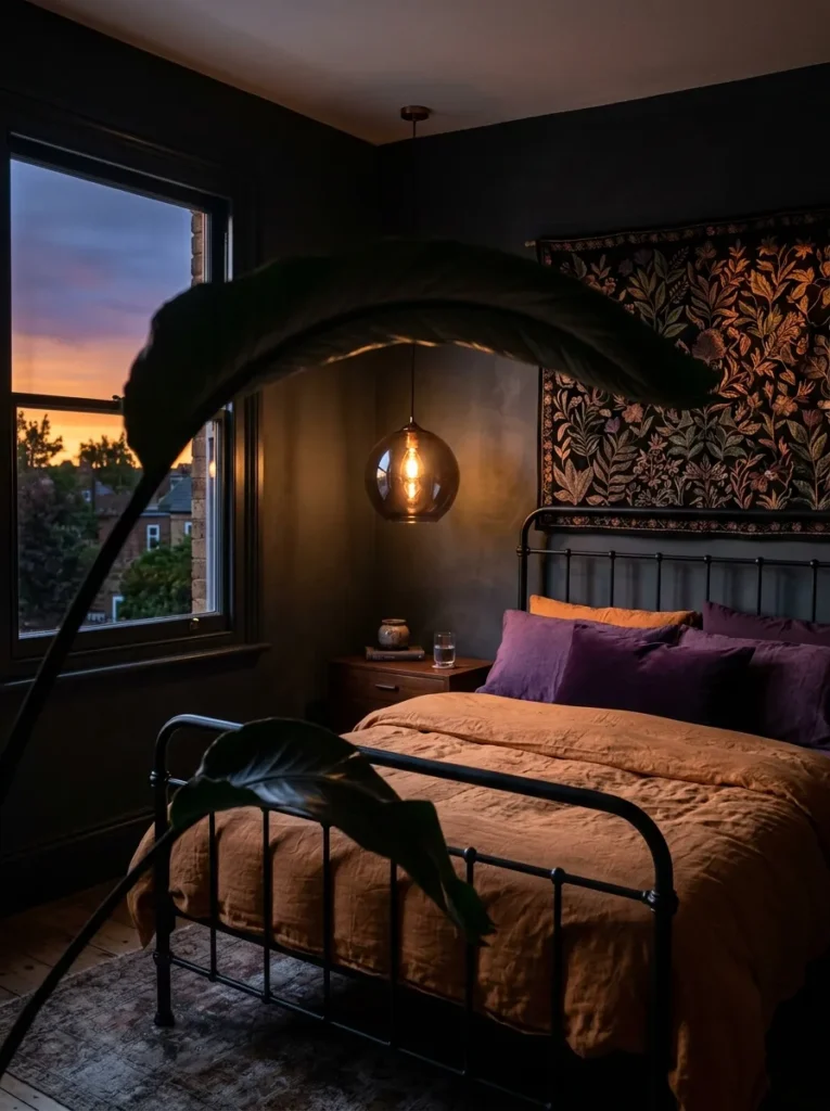 Chocolate botanical textile above a walnut platform bed