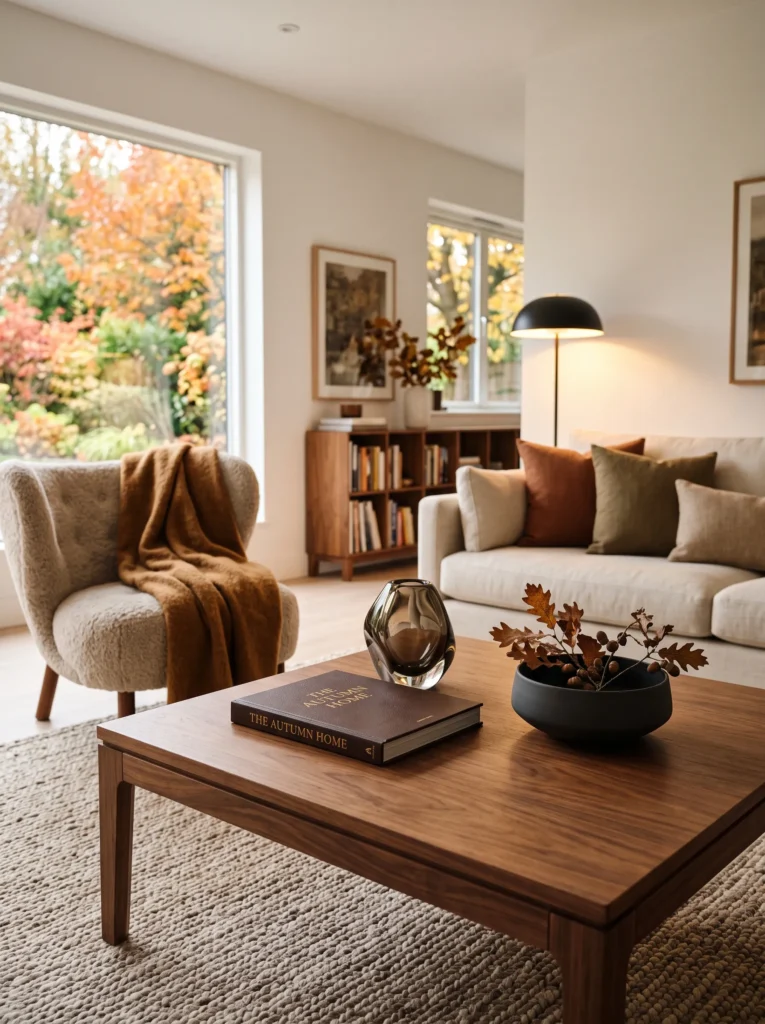 Chocolate brown coffee table layered with leather, smoked glass, caramel textile, ceramic, and natural wood for a cozy fall interior.
