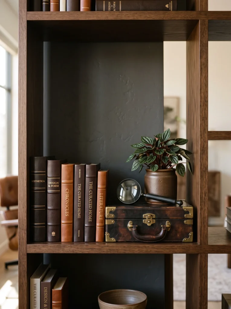 Chocolate leather-bound books, vintage book box, bronze magnifying glass, and Peperomia on a rich fall bookshelf.