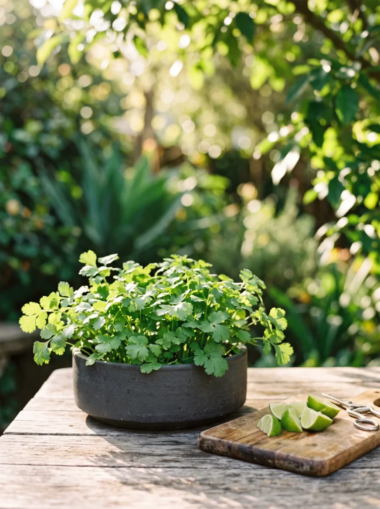 Fall herbs to grow in a low charcoal planter, featuring fresh cilantro in morning sun with a small kitchen garden setting.