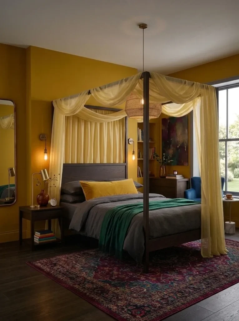 Deep citrine gold bedroom wall with an espresso four-poster bed