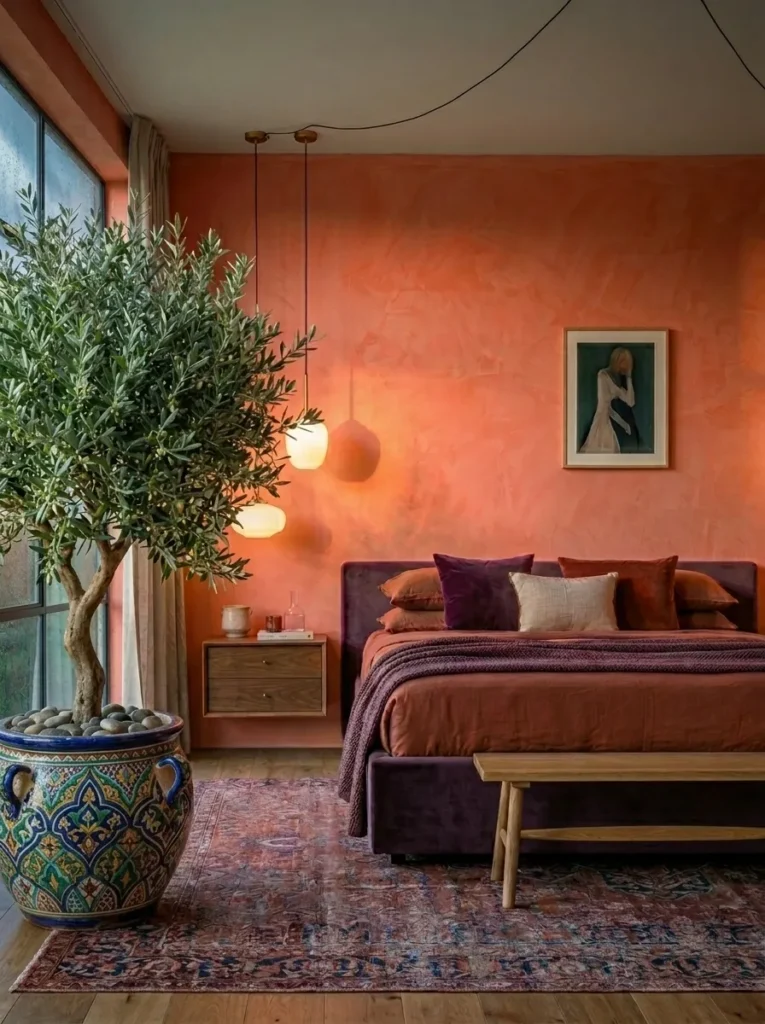 Coral clay plaster wall with a cane platform bed