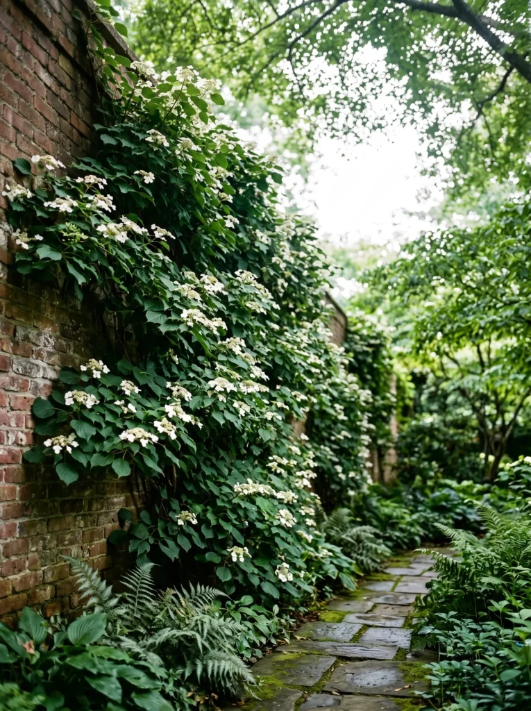 Shaded garden wall: climbing hydrangea vine fully covering a weathered brick facade, white lacecap blooms scattered across deep green foliage. Soft dappled shade, cool diffused light. Narrow stone path in foreground, camera angle low, looking up along the wall. Wide negative space upper section.