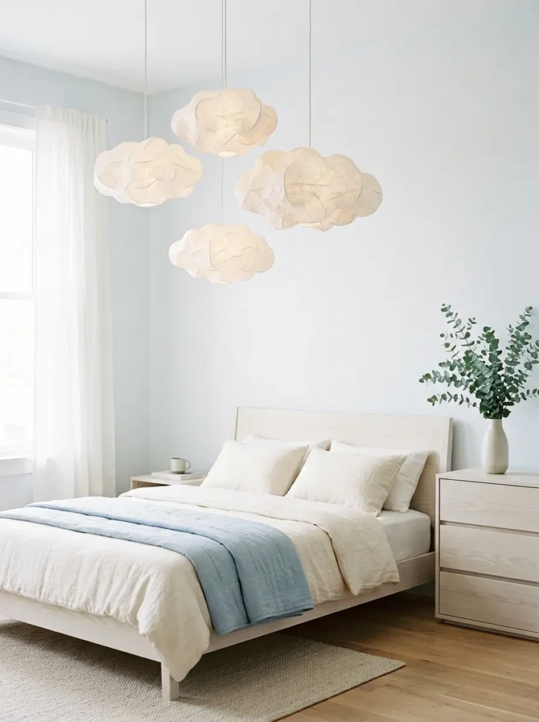 Sculptural cloud pendant lights above a low white ash bed frame
