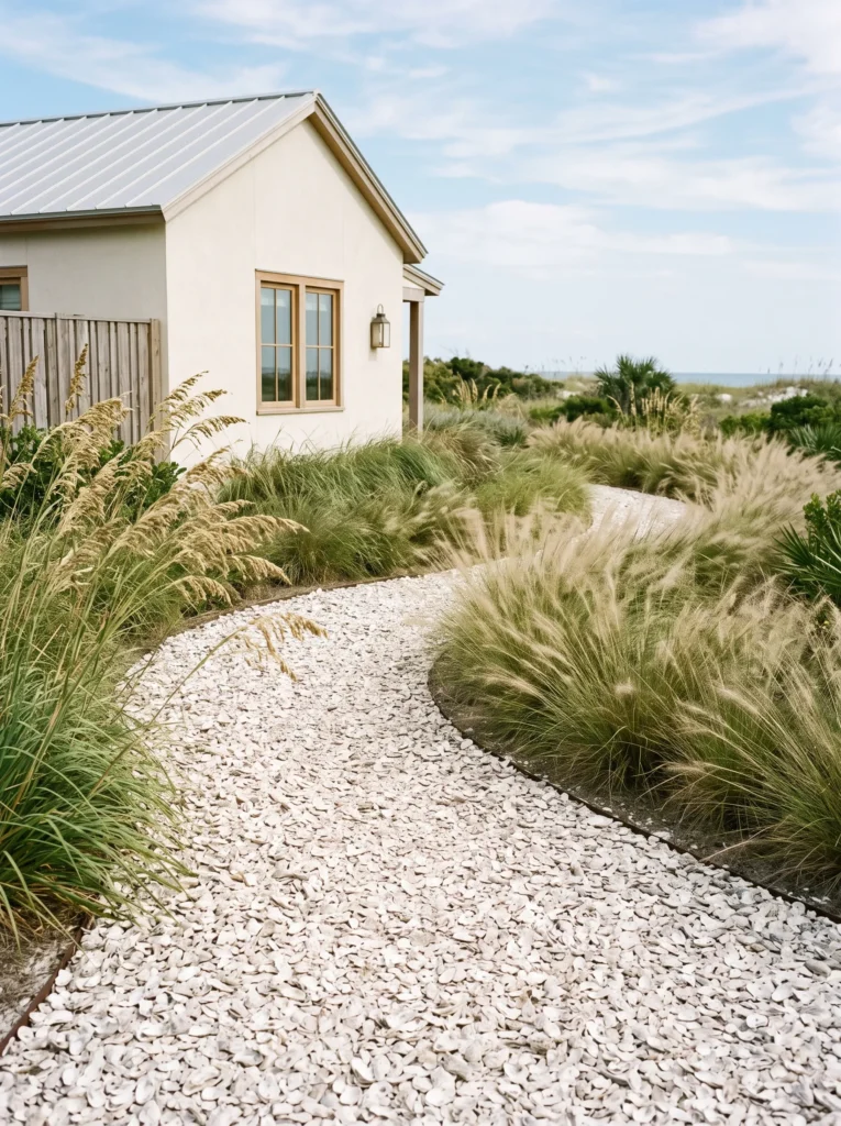 Coastal gutter downspout drainage idea using a shallow oyster-shell swale with beach grasses and sea oats.