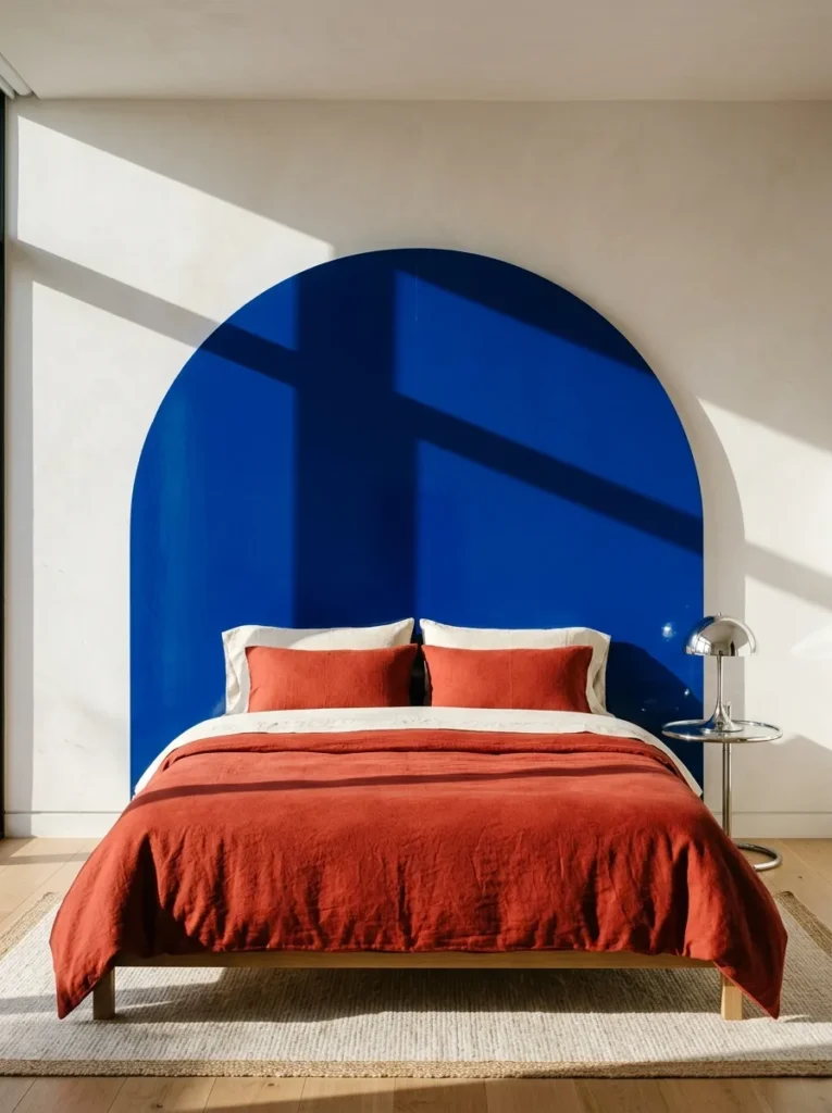 Cobalt-blue arched DIY headboard with paprika-red bedding and a sculptural chrome lamp.