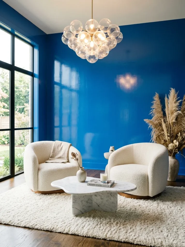 High-gloss cobalt-blue walls with curved barrel-back chairs