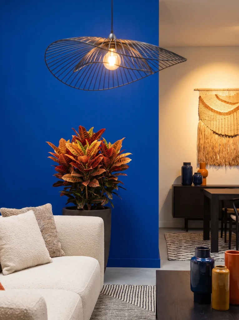 Cobalt blue living room with black sculptural pendant light and croton plant
