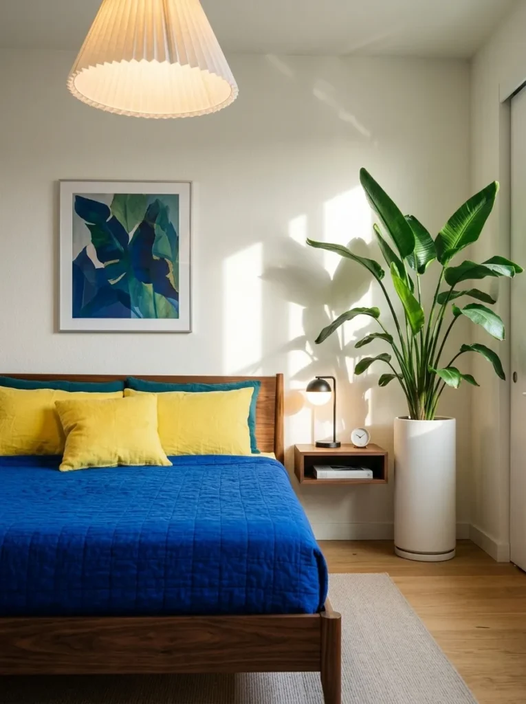 Cobalt textile above a colorful low platform bed