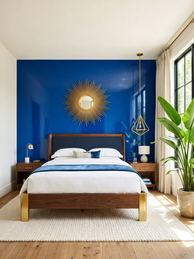 Cobalt blue and gold bedroom with glossy accent wall, walnut sleigh bed, sunburst mirror, gold pendant, and bird of paradise.