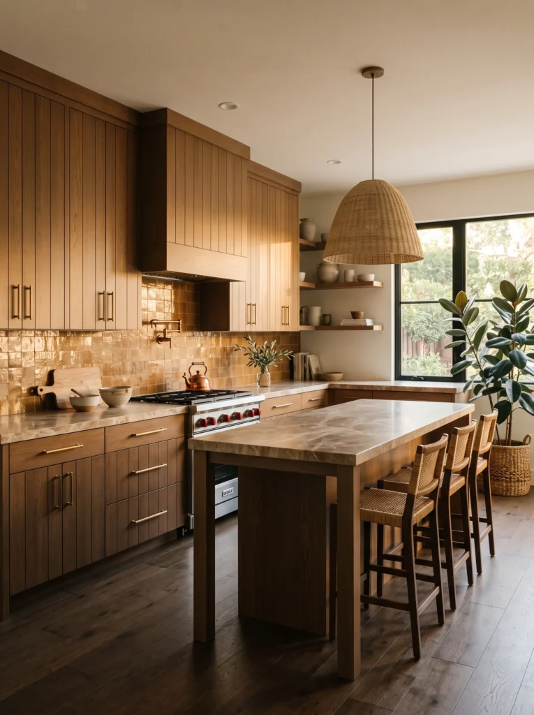  Cognac brown tongue-and-groove cabinetry with Emperador marble countertops.