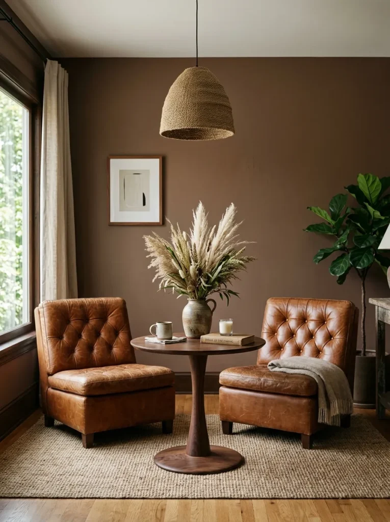 Two cognac leather chairs facing each other on cocoa walls