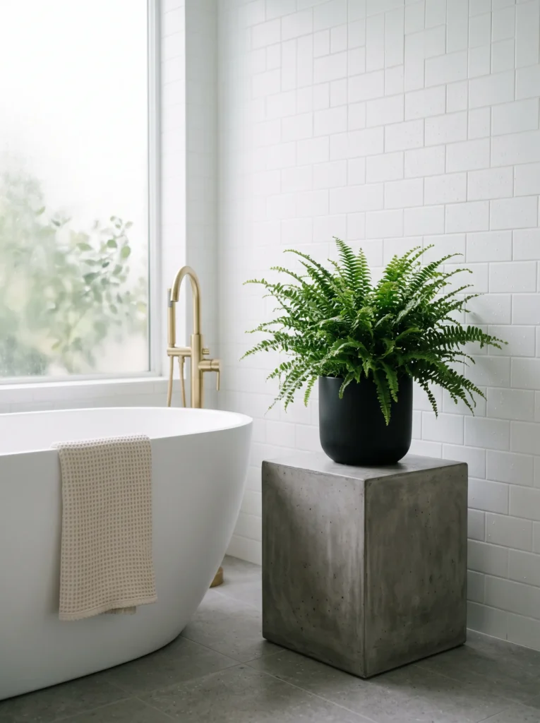 Sealed concrete cube plant stand holding a Boston fern near a bathroom tub