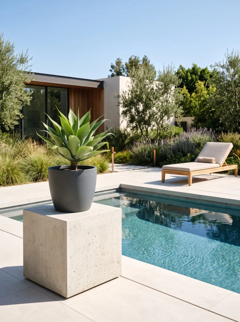  Concrete cube stand with agave beside pool.
