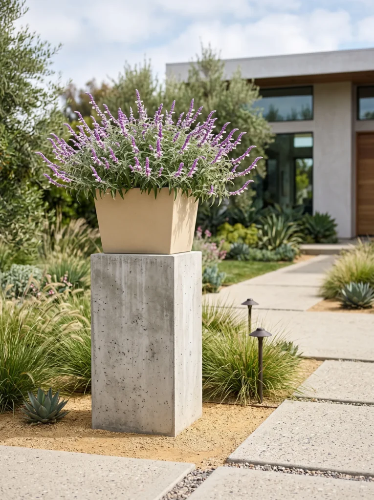 Concrete plinth with Mexican bush sage on path.