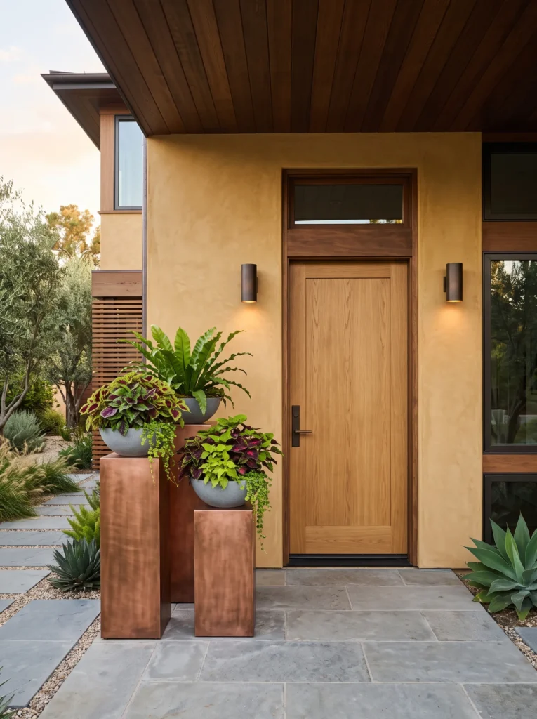 Copper columns with fern and coleus at entry.