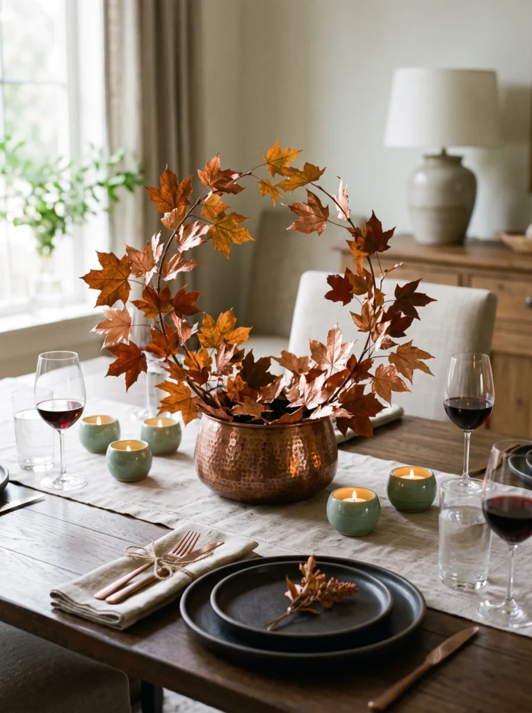 Fall table centerpiece ideas featuring arched maple branches in a hammered copper vessel with celadon votives and mushroom linen