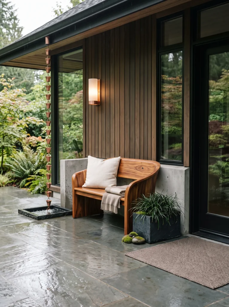 Modern fall porch with curved acacia bench, cream cushion, copper rain chain, slate planter, and taupe coir mat.