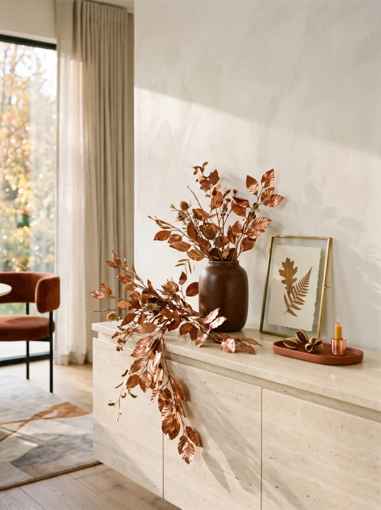 Burnished copper leaves cascading across a creamy stone cabinet with tobacco ceramic and botanical artwork.
