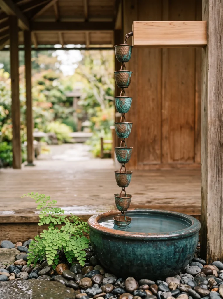 Copper rain chain gutter drainage idea flowing into a rounded river-rock basin beside a craftsman-style porch.