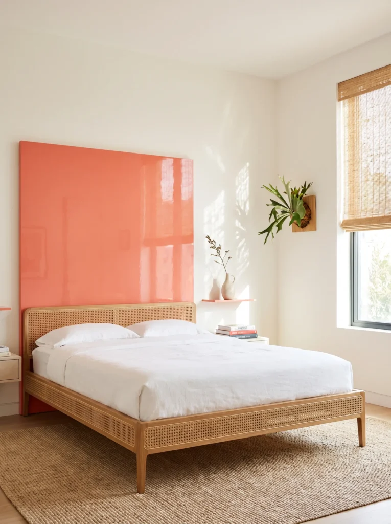Glossy coral headboard panel with rattan-and-oak bed, staghorn fern, sisal rug, and dappled light