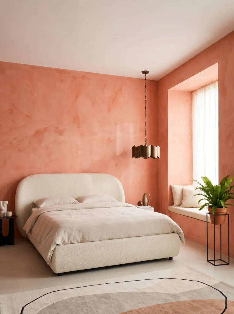  Limewash coral bedroom with cream bouclé bed, scalloped pendant, fern, and soft natural light
