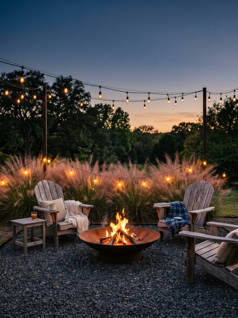 Steel fire bowl on gravel with cedar Adirondack chairs at dusk.