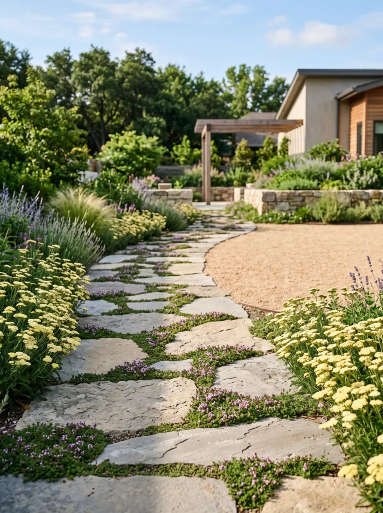 Flagstone path with creeping thyme filling the joints.