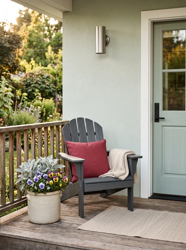 Compact fall porch nook with charcoal Adirondack chair, cranberry cushion and throw, dusty miller, pansies, oat mat, and brushed-aluminum lighting.
