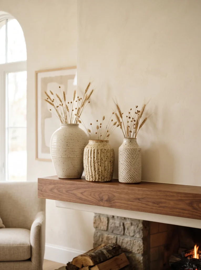  Three handmade cream ceramic vessels in graduated heights with dried wheat stems and warm autumn accents on a refined mantel