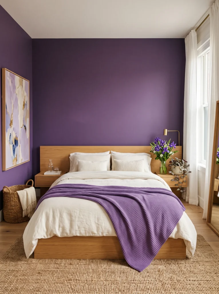 Crocus purple bedroom with warm white oak furniture, ivory bedding, iris flowers, and Tradescantia.
