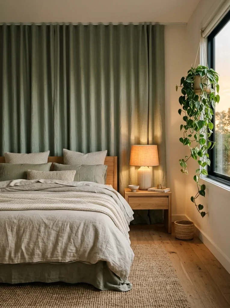 Floor-to-ceiling sage curtains behind a bed with a warm lamp and trailing philodendron.