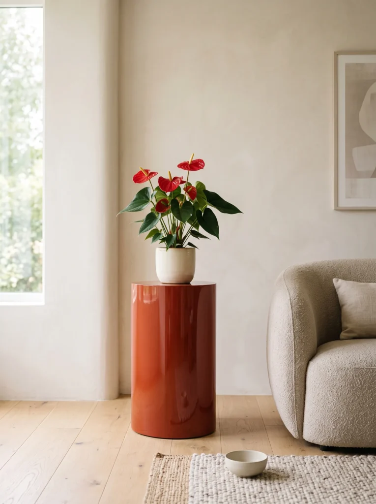 A curved high-gloss terracotta-red lacquered wood plinth holding an anthurium with waxy red blooms.