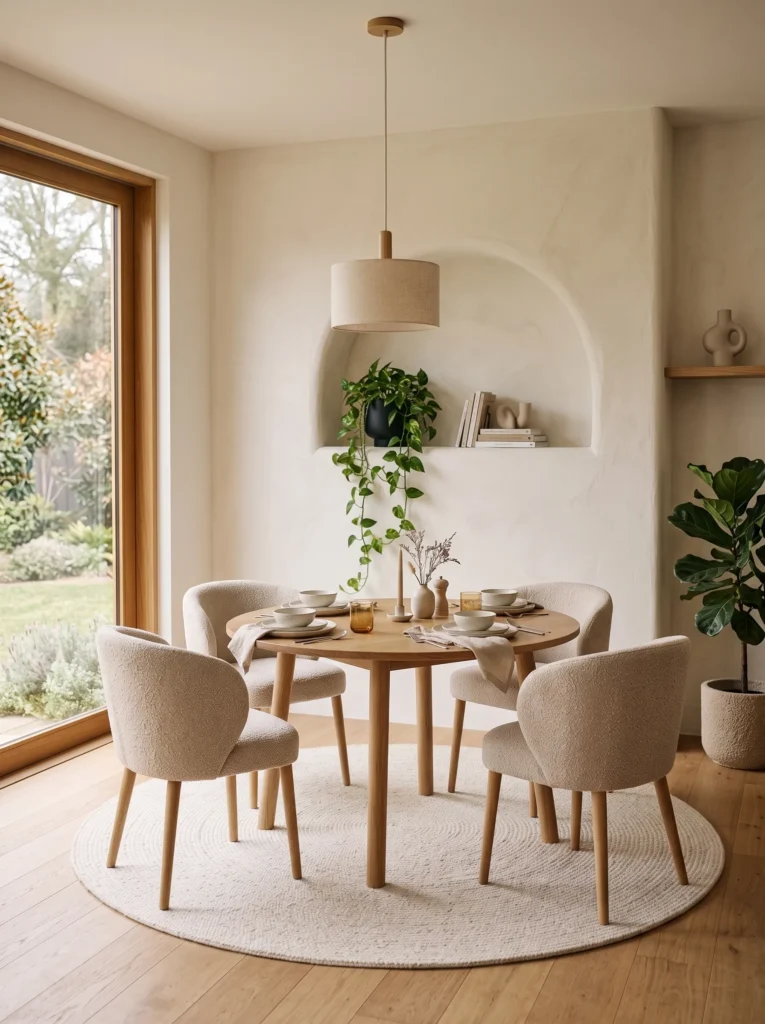 Round curved oak table with bouclé chairs in a Japandi dining room with a plaster archway.