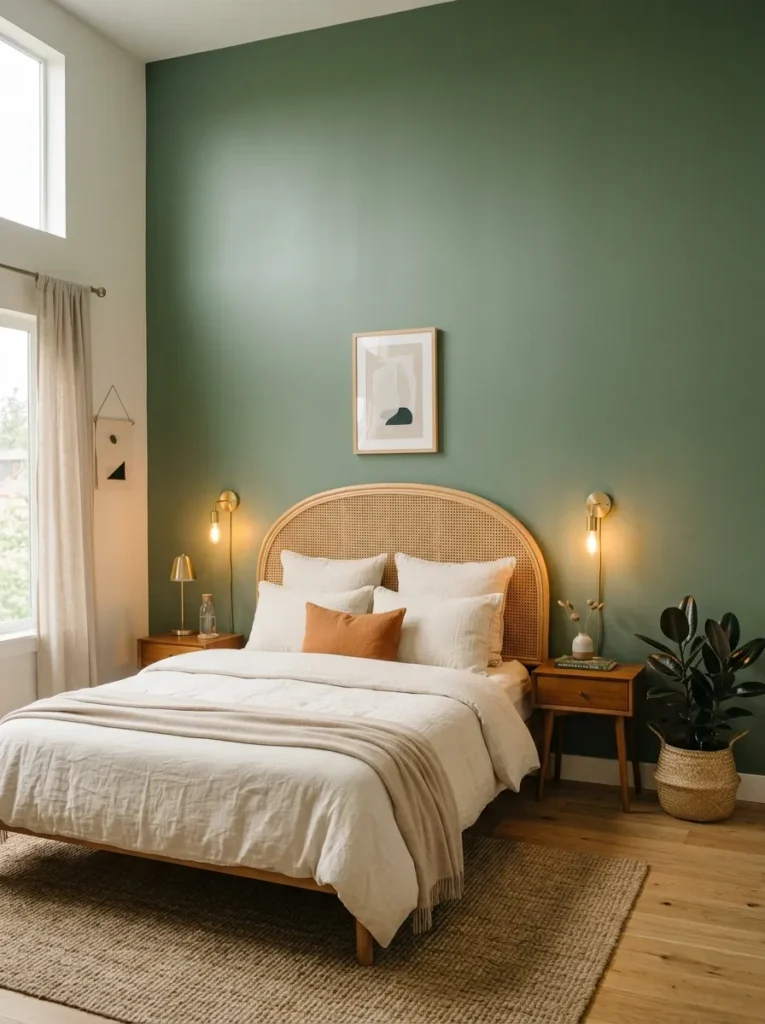 Curved rattan headboard with sage wall, brass sconces, cream bedding, and rubber plant.
