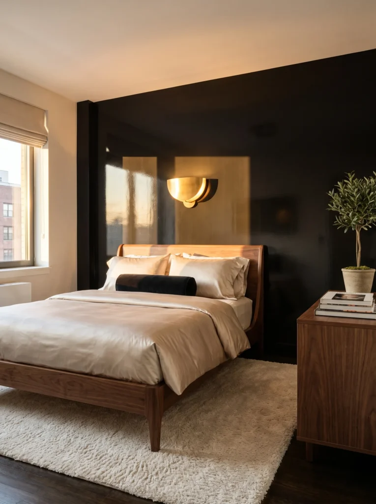 High-gloss black lacquer accent wall behind a curved walnut-legged bed frame