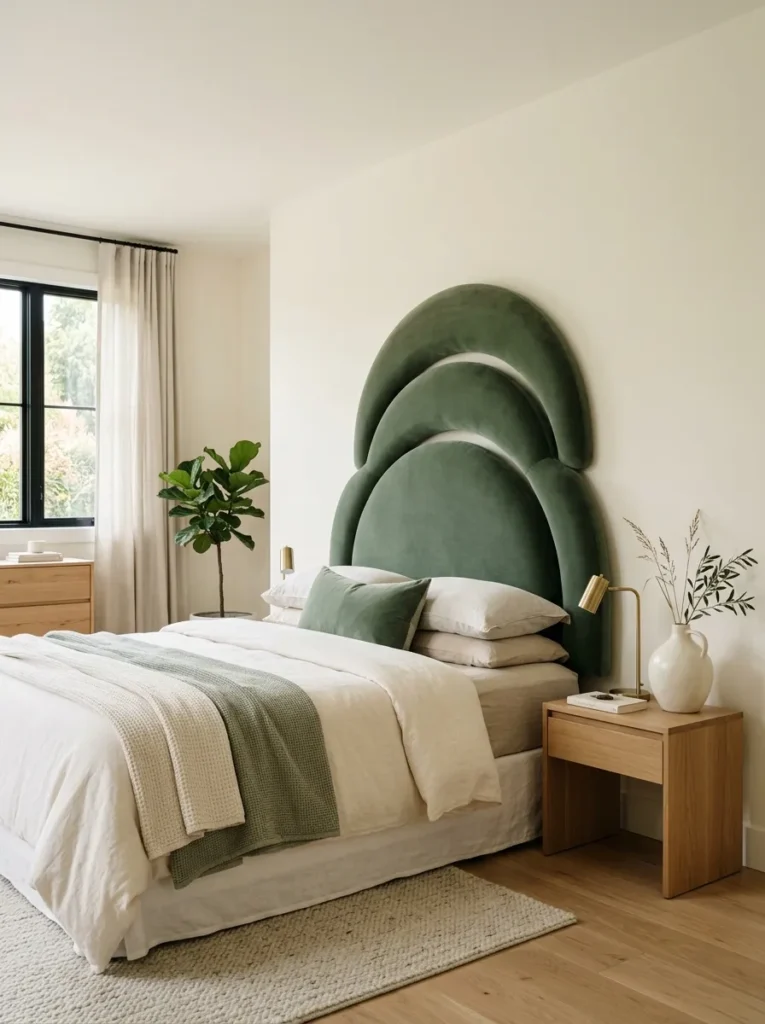 Deep sage curved bolster DIY headboard with sculptural overlapping forms.