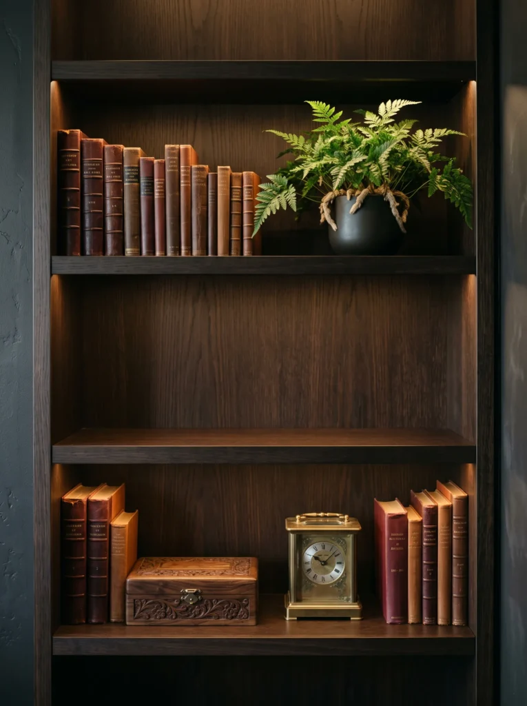 Dark academia bookshelf with oxblood books, vintage brass clock, wooden box, and rabbit's-foot fern.