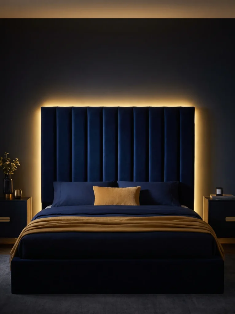 Navy velvet headboard glowing with a warm gold LED halo in a dark-blue-and-gold bedroom.