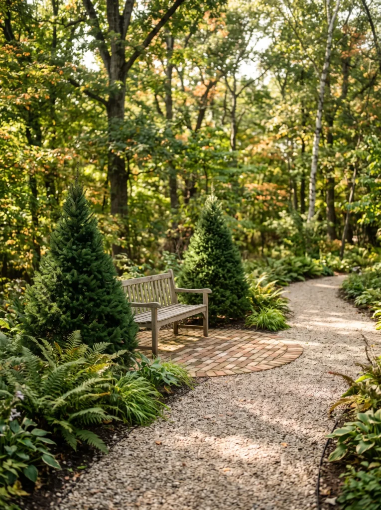 Gravel path ending at a brick terminus with a bench and spruce.