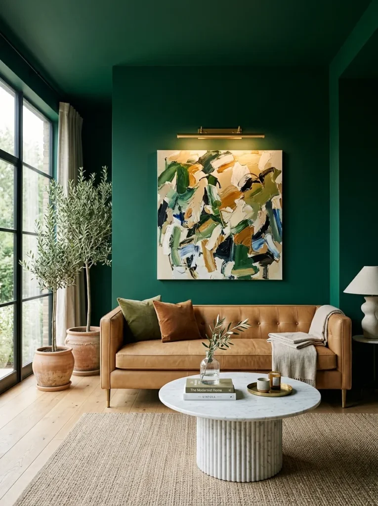 Emerald color-drenched living room with a camel leather sofa