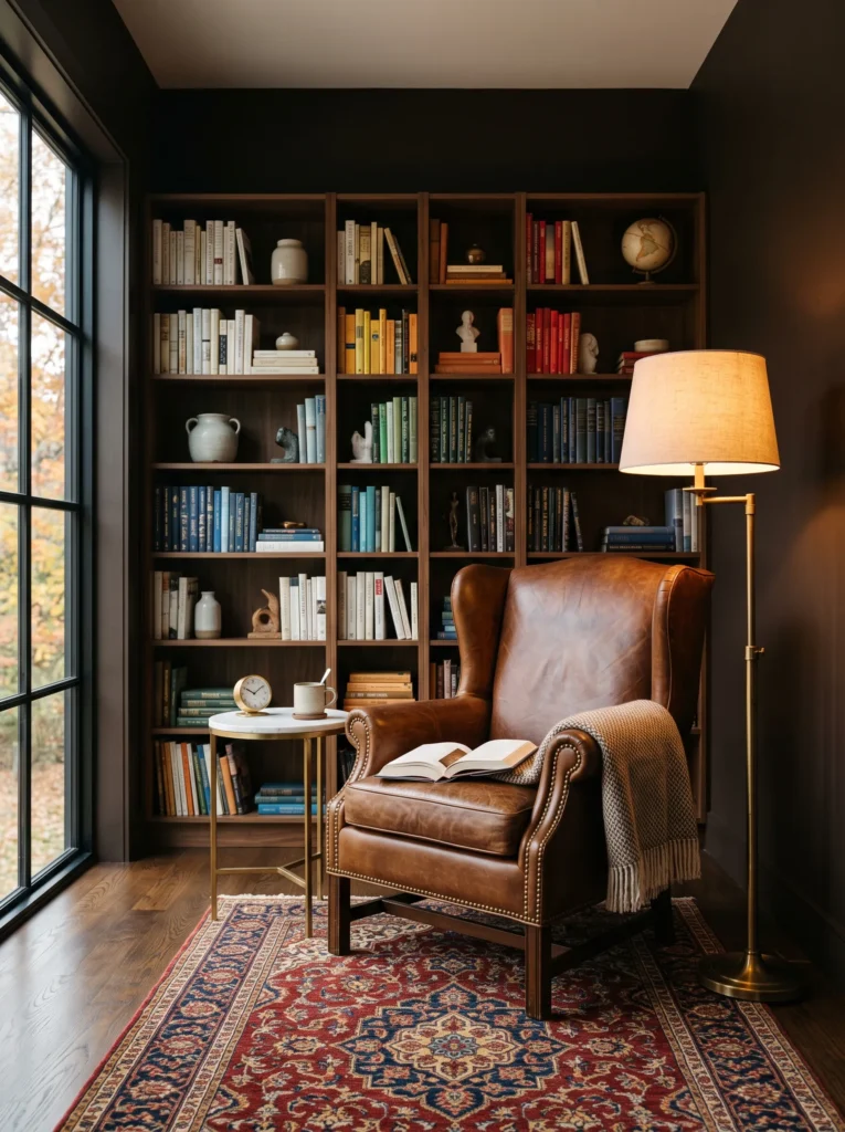 Espresso brown reading corner with a tobacco leather wingback chair and walnut bookcase.
