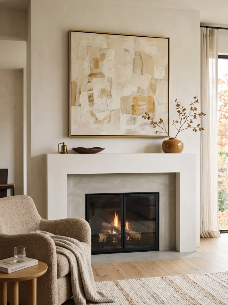 Oversized abstract cream artwork in a thin deep-gold frame with caramel and chocolate accents above an elegant fall mantel.