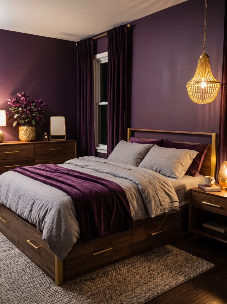 Deep grape bedroom with walnut furniture, gold accents, grape textiles, and a Purple Waffle Plant.