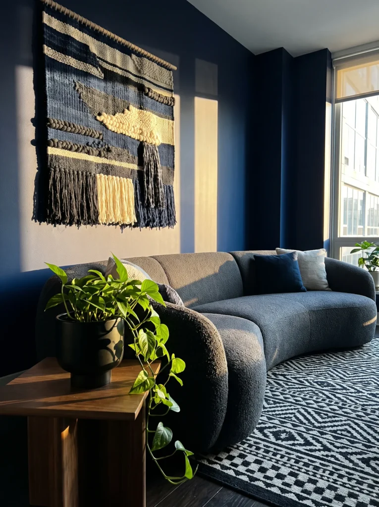 Deep indigo living room with handwoven textile art and charcoal bouclé sectional