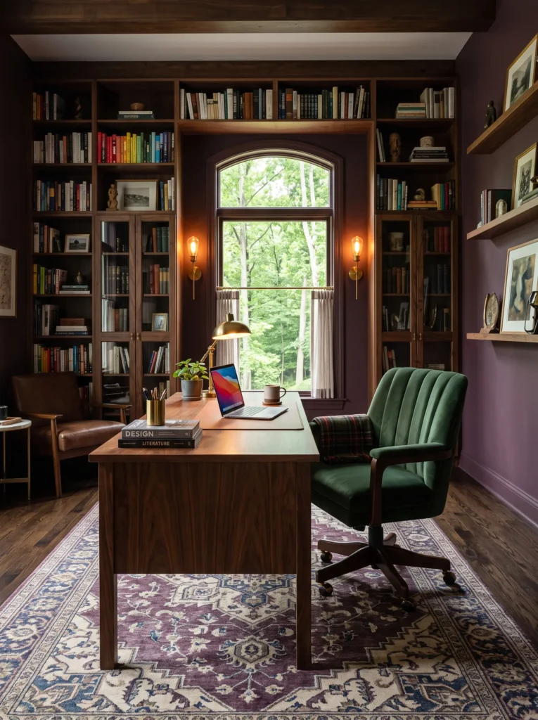 Deep plum home office library with a walnut executive desk and forest green velvet chair.