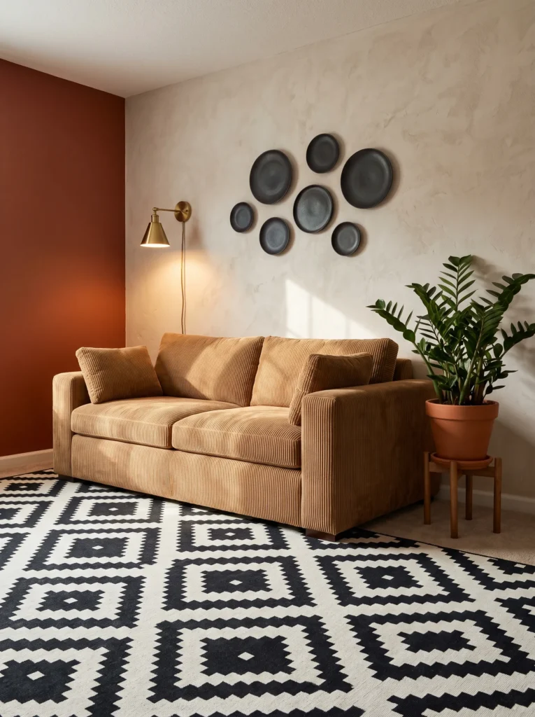 Rust-red living room with black-and-white geometric rug and dark ceramic plate cluster