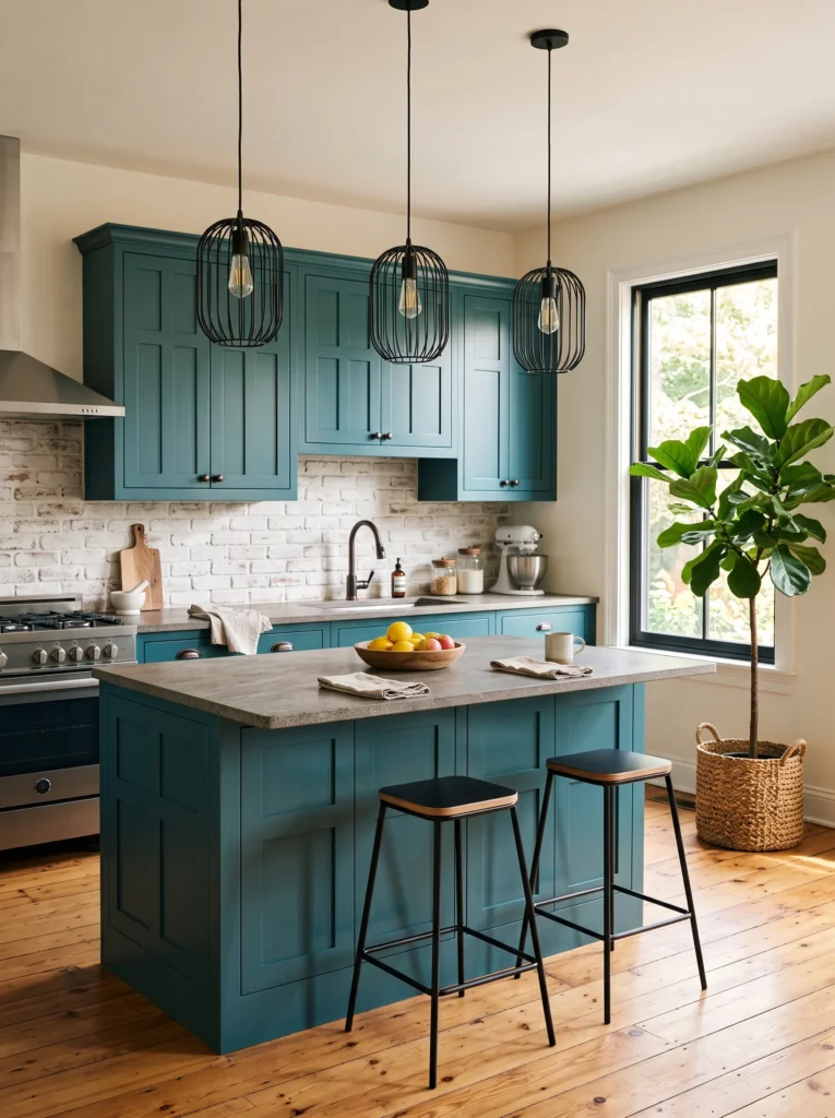 Deep teal board-and-batten cabinets with leathered granite countertops and whitewashed brick backsplash.